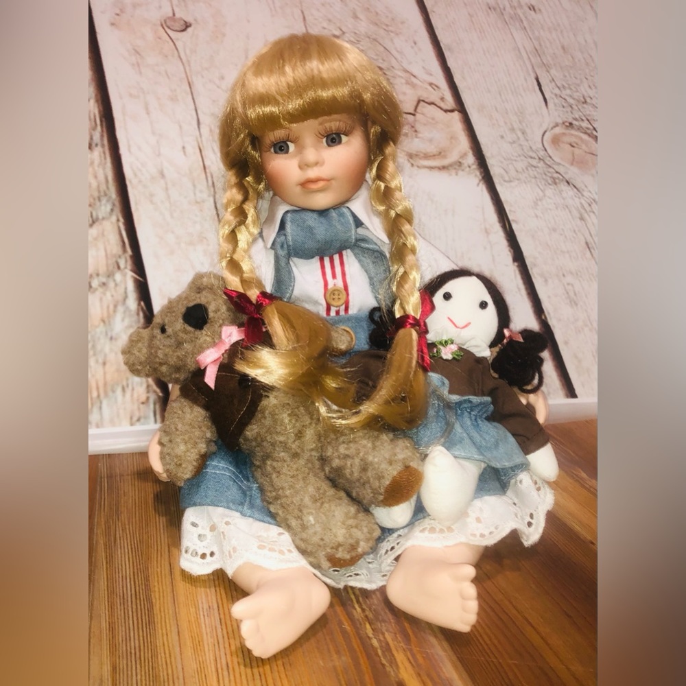 Emma Down By the River Doll W Teddy Bear & Porcelain Stuffed Heritage Collection